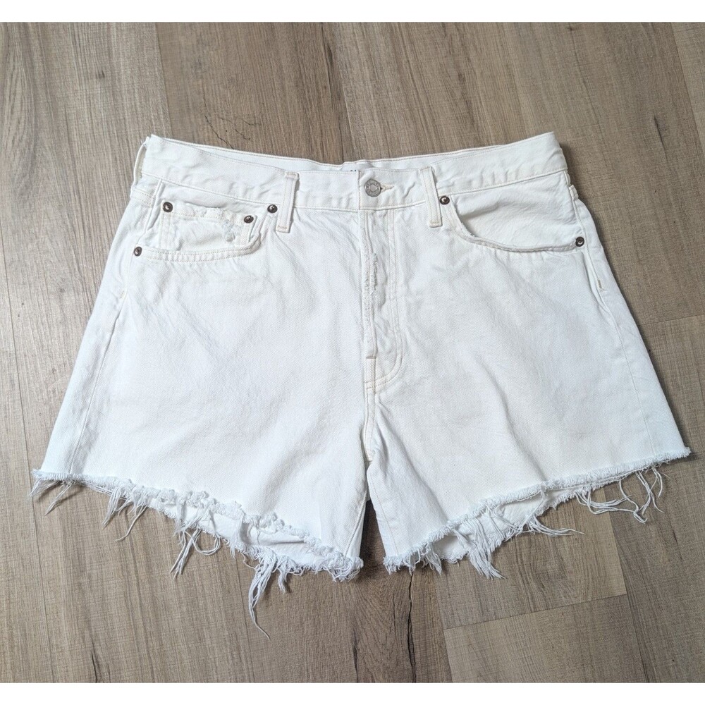 Agolde Size 30 Parker Long Shorts White Denim Cut Off Button Fly Distressed